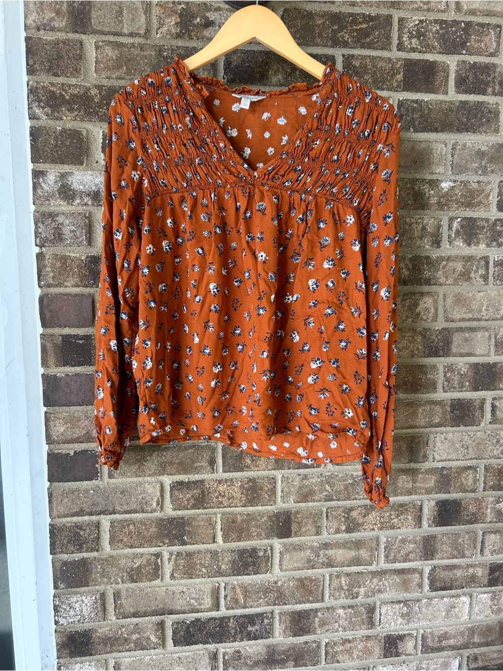 Lucky Brand Boho Floral Smocked Peasant Blouse | Rust Orange Cottagecore Top